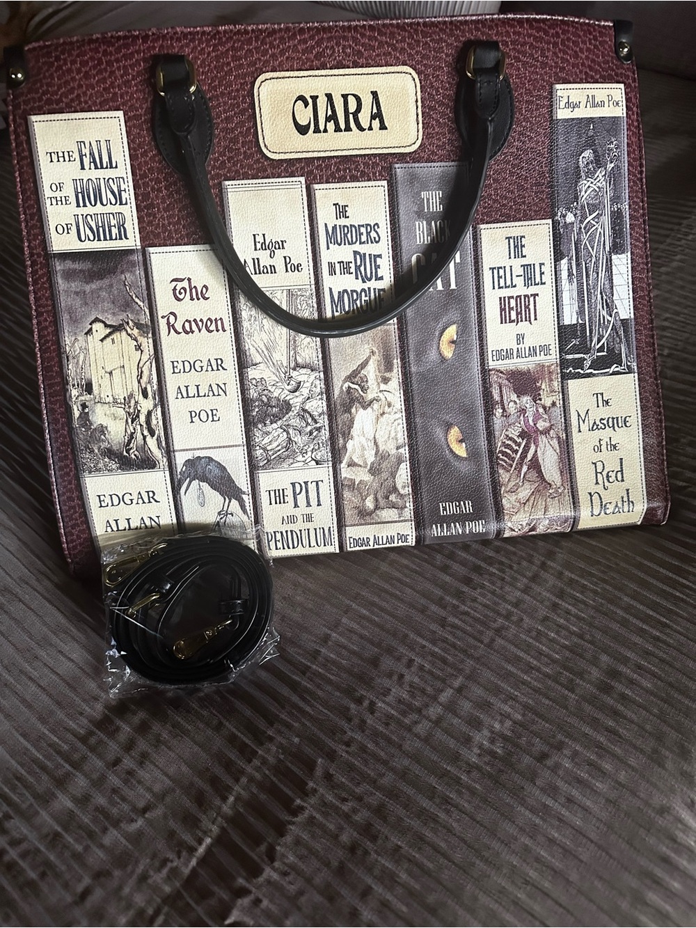 Burgundy Book-Print Tote Bag- Edgar Ellen Poe